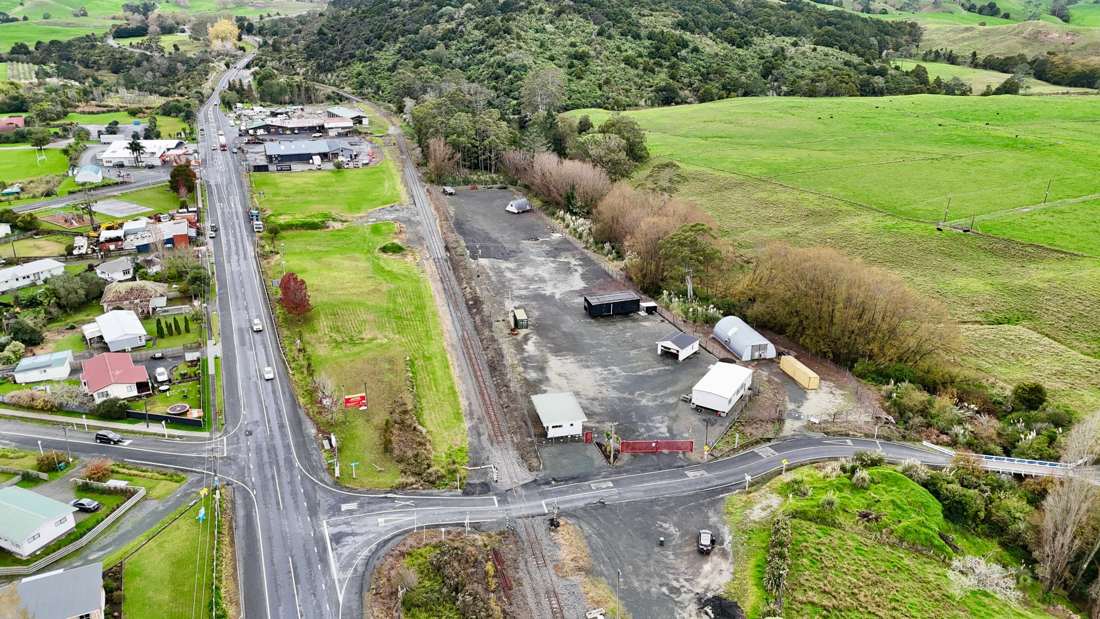 Aerial view of the storage yard beside the railway line, at the corner of Silver Hill Road and State Highway 1 in Te Hana